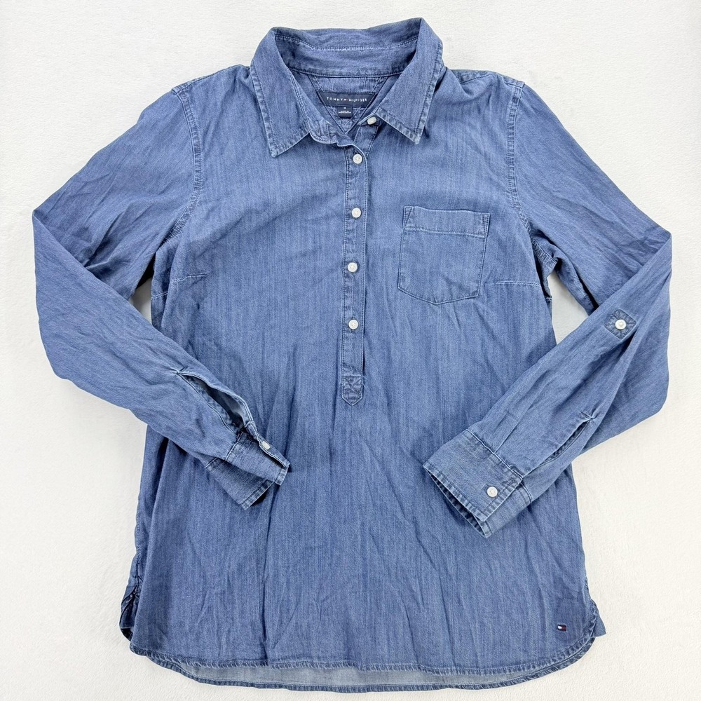 Tommy Hilfiger Blouse Womens Medium Blue Chambray Popover Long Sleeve Top Casual
